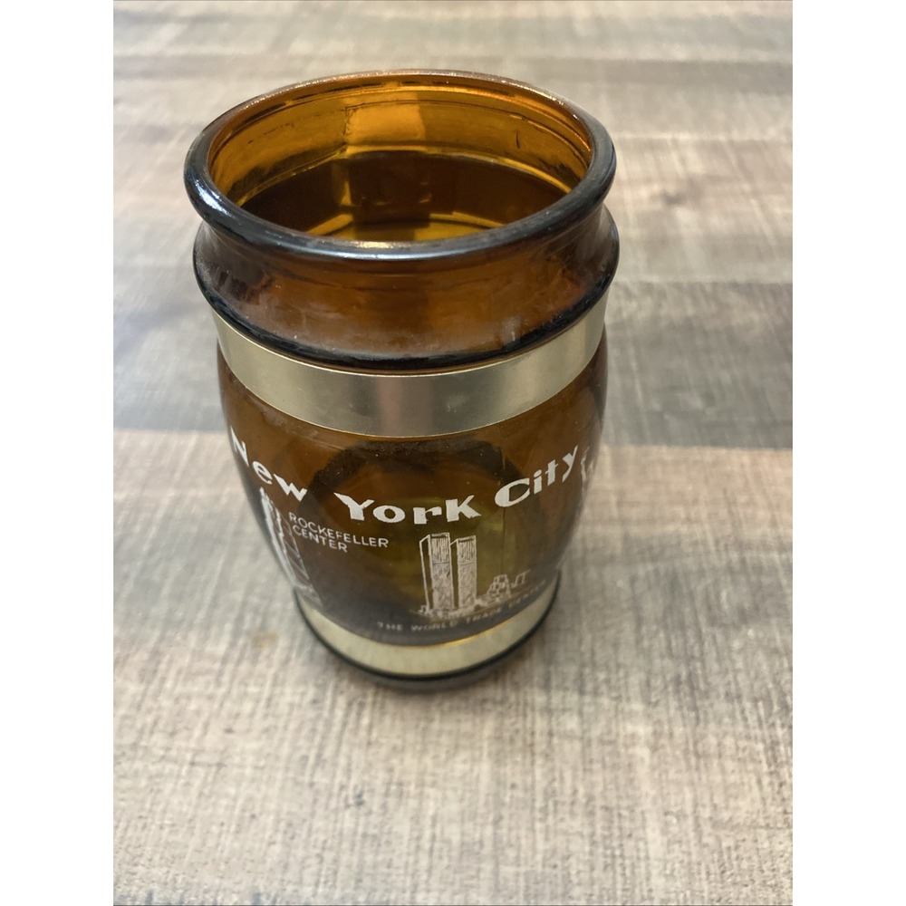 Vintage Siesta Ware Brown Amber Glass New York City Wood Handle Mug Empire State